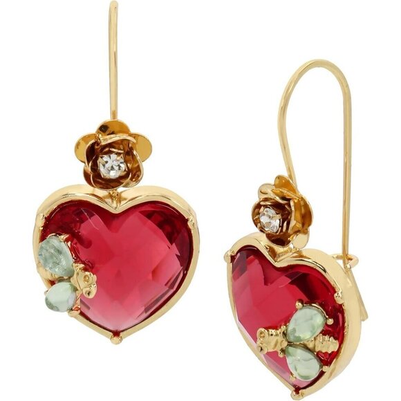 Women Gold & Red Betsey Metal Jewelry Johnson Stone Heart Dangle Earrings